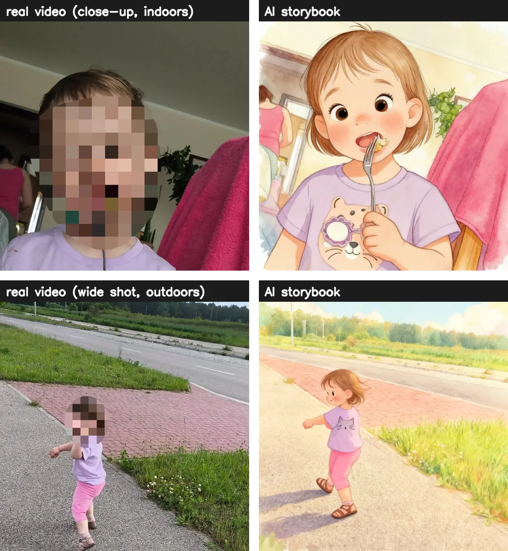 Left: a real frame with her face blurred. Right: the same moment as a storybook cartoon — same outfit, same pose.