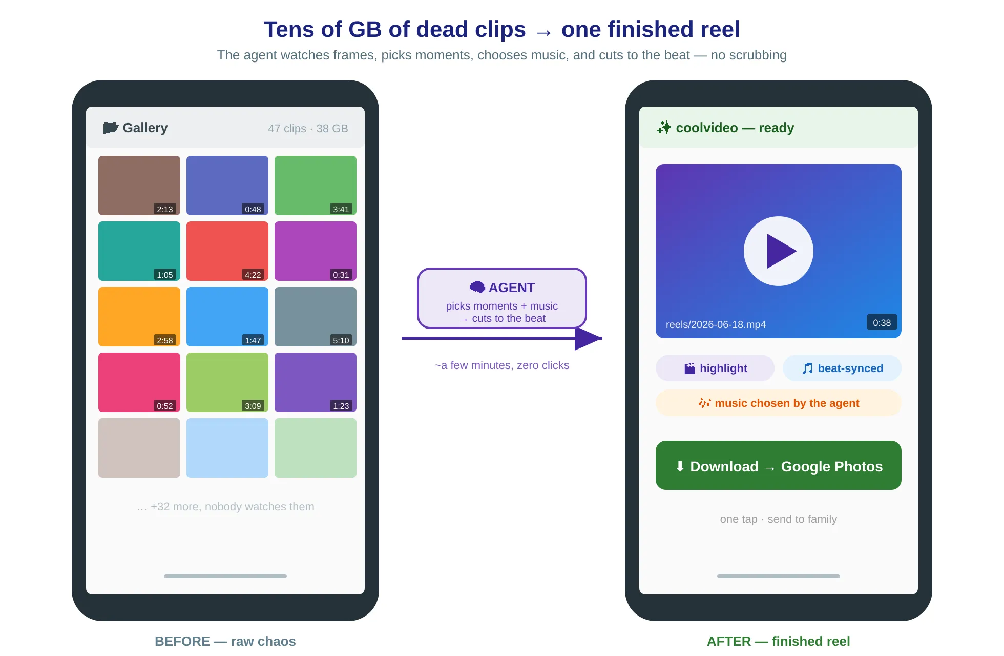 A phone full of clips becomes one finished reel.
