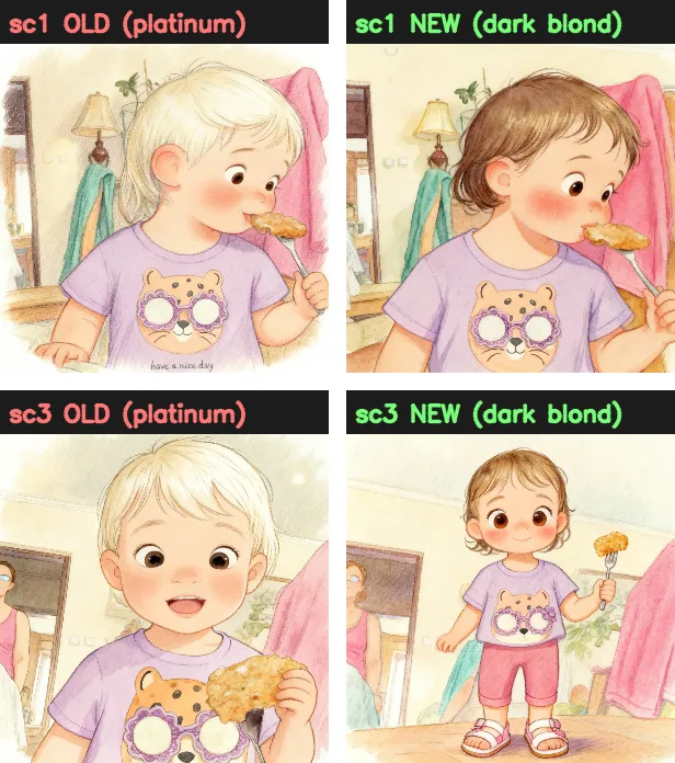 The platinum-hair bug, before and after: the same scenes re-rendered once the reference frame was a well-lit one.