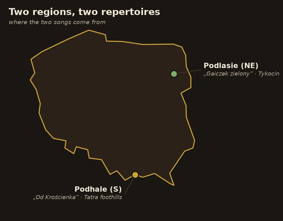 Schematic map of Poland marking Podlasie in the northeast and Podhale in the south.