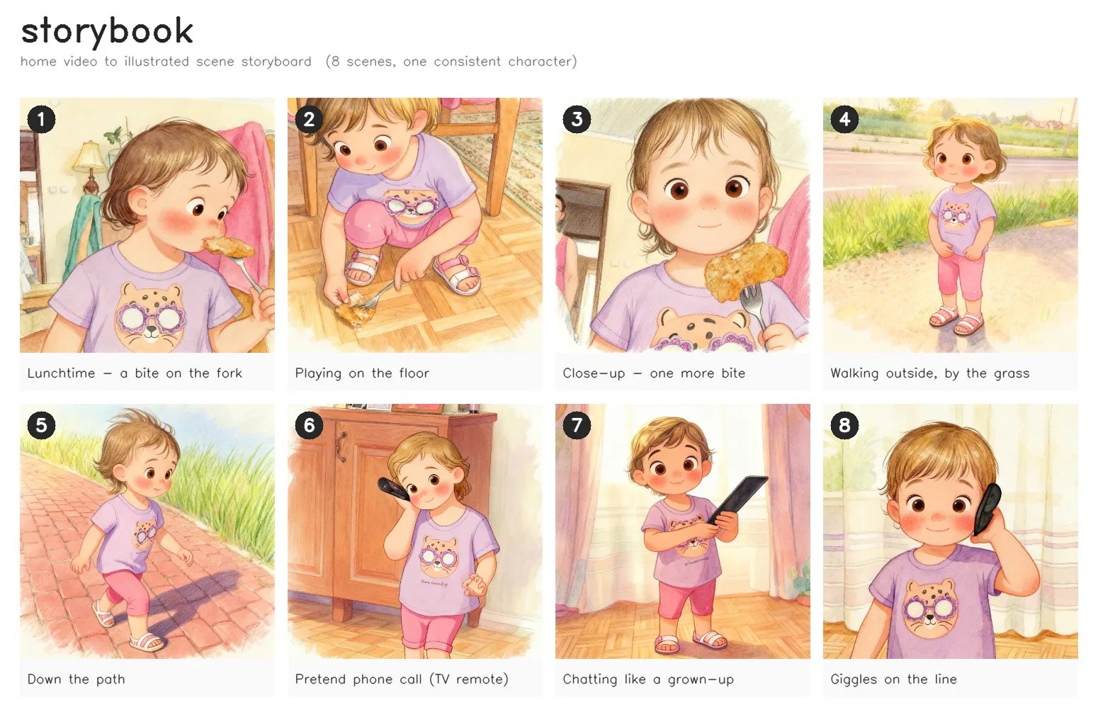 The eight approved storybook scenes — one home video, the same outfit and storybook style throughout, from lunch to a pretend phone call.